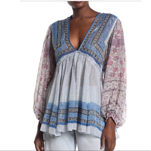 Free People Tops - Free People Peasant Tunic Long Sleeve Sheer Top Chic Boho Printed V-neck Overlay